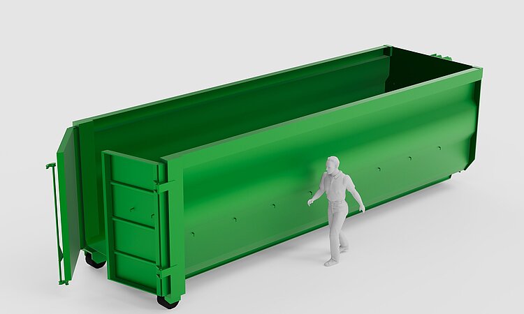Eine Person neben einem großen Abrollcontainer